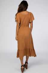 Camel Smocked V-Neck Midi Dress