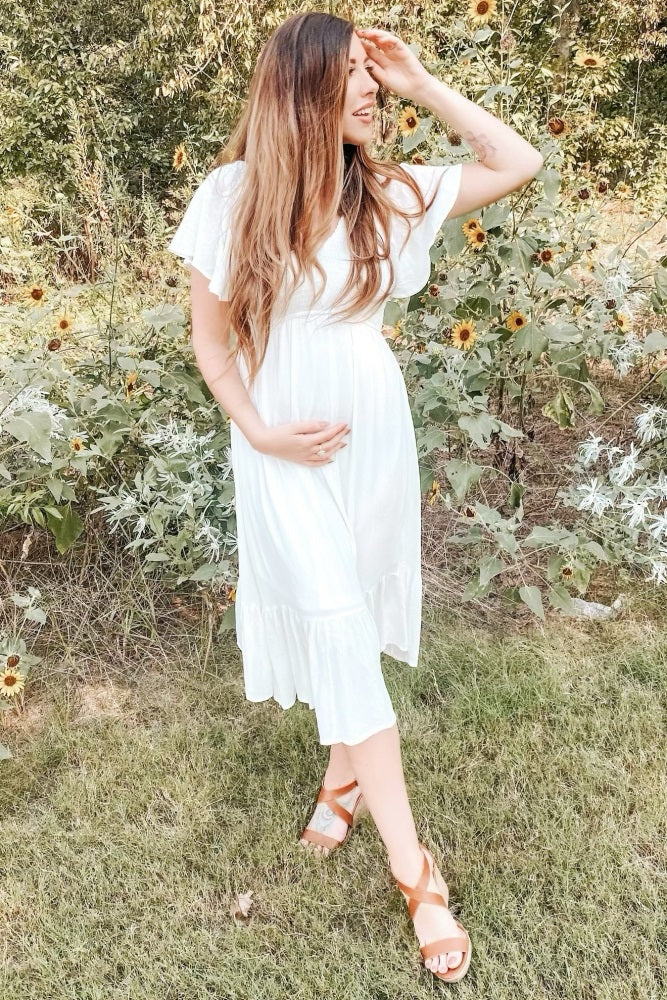 Ivory Smocked V-Neck Maternity Midi Dress