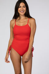 Red Ribbed Side Tie One-Piece Swimsuit