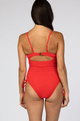 Red Ribbed Side Tie One-Piece Swimsuit