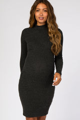 Charcoal Ribbed Mock Neck Fitted Maternity Dress