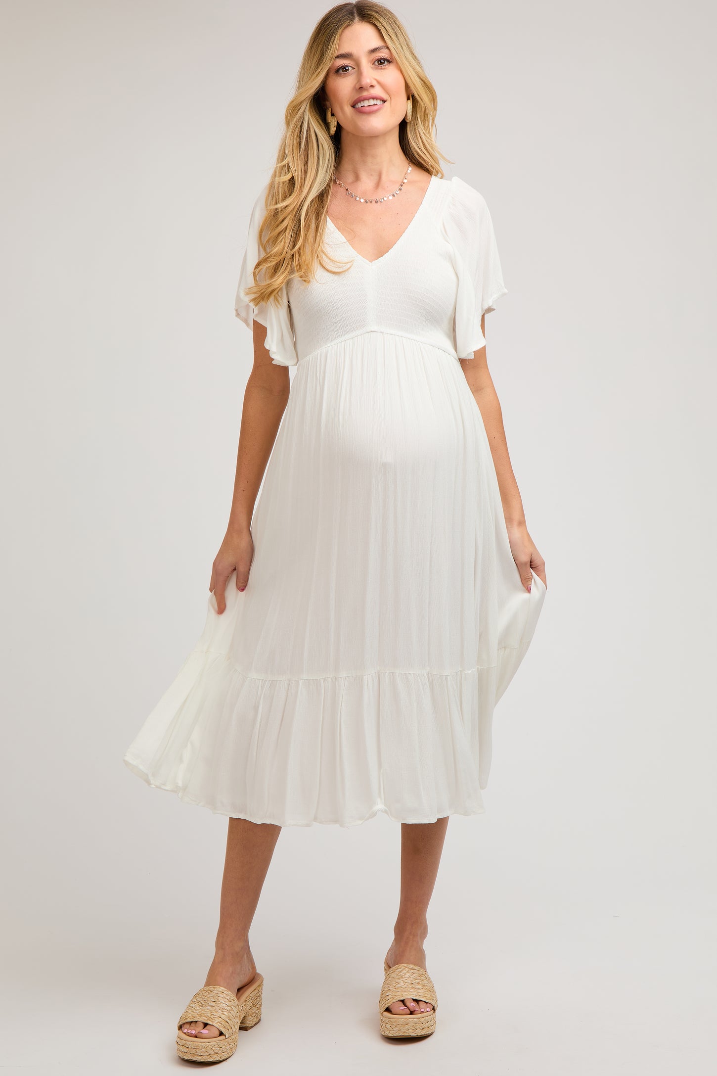Ivory Smocked Ruffle Maternity Dress