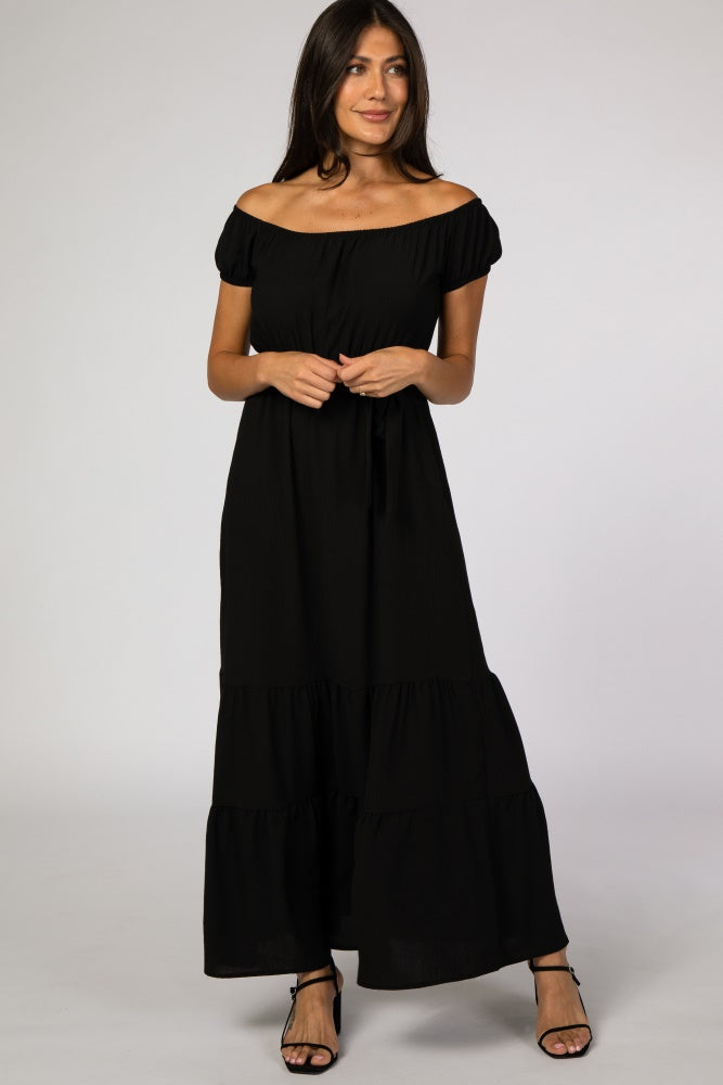 Black Off Shoulder Ruffle Hem Maternity Maxi Dress