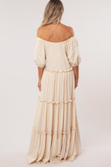 Cream Off Shoulder Ruffle Tiered Maternity Maxi Dress