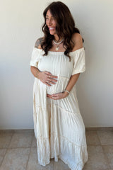 Cream Off Shoulder Ruffle Tiered Maternity Maxi Dress