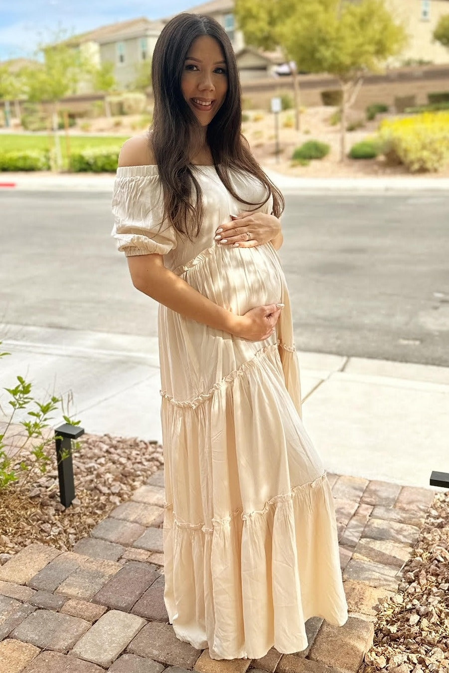 Cream Off Shoulder Ruffle Tiered Maternity Maxi Dress