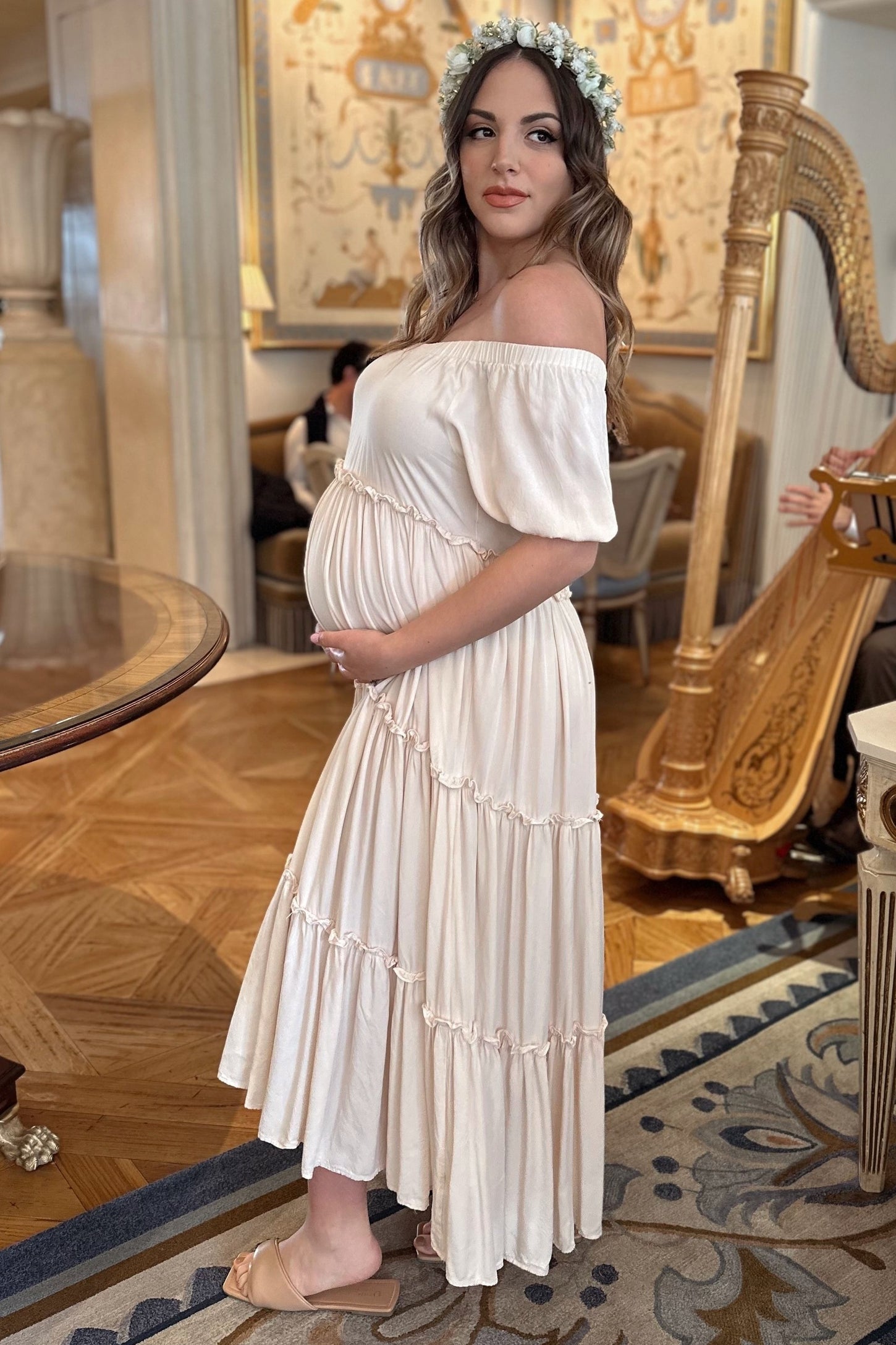 Cream Off Shoulder Ruffle Tiered Maternity Maxi Dress