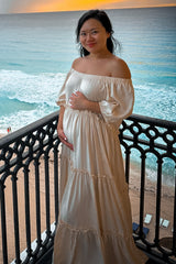 Cream Off Shoulder Ruffle Tiered Maternity Maxi Dress
