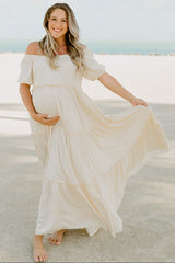 Cream Off Shoulder Ruffle Tiered Maternity Maxi Dress