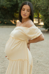 Cream Off Shoulder Ruffle Tiered Maternity Maxi Dress
