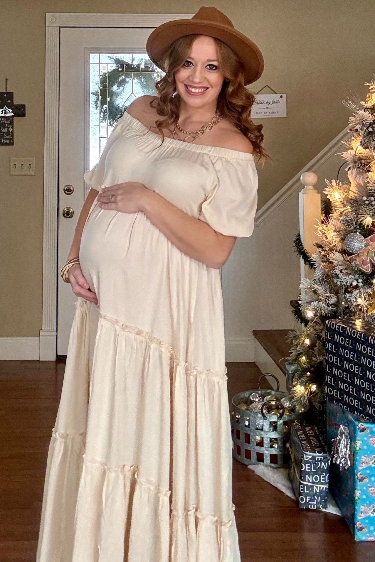 Cream Off Shoulder Ruffle Tiered Maternity Maxi Dress