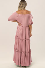 Mauve Off Shoulder Ruffle Tiered Maternity Maxi Dress