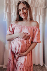 Mauve Off Shoulder Ruffle Tiered Maternity Maxi Dress