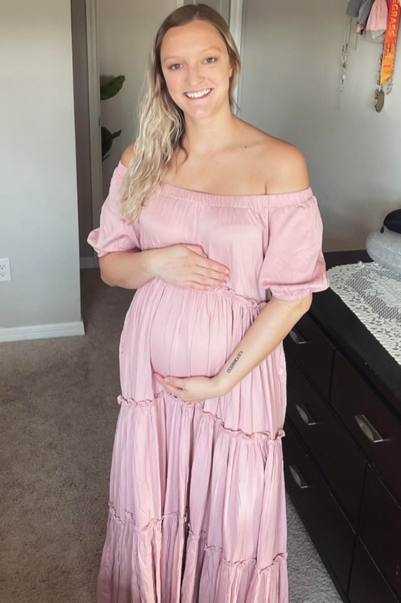 Mauve Off Shoulder Ruffle Tiered Maternity Maxi Dress