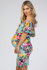 Mint Floral Off Shoulder Fitted Maternity Dress