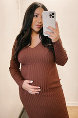 Mocha V-Neck Long Sleeve Fitted Maternity Maxi Dress