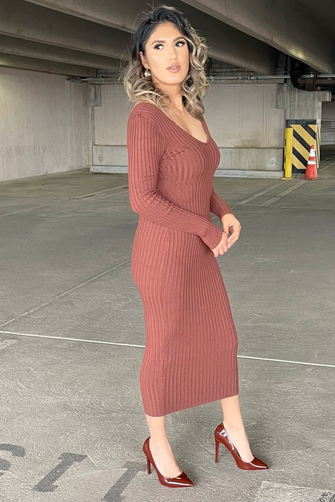 Mocha V-Neck Long Sleeve Fitted Maxi Dress