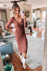 Mocha V-Neck Long Sleeve Fitted Maxi Dress
