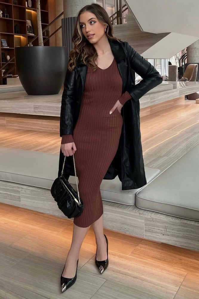 Mocha V-Neck Long Sleeve Fitted Maxi Dress