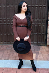 Mocha V-Neck Long Sleeve Fitted Maxi Dress