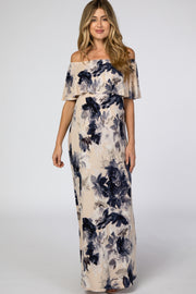 Taupe Navy Floral Off Shoulder Maternity Maxi Dress