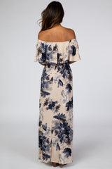 Taupe Navy Floral Off Shoulder Maxi Dress