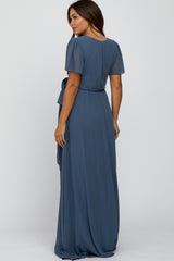 Blue Chiffon Short Sleeve Maternity Maxi Dress