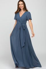 Blue Chiffon Short Sleeve Maternity Maxi Dress