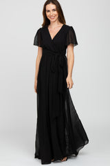 Black Chiffon Short Sleeve Maternity Maxi Dress