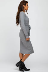 Heather Grey Tie Front Sweater Midi Dress