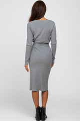 Heather Grey Tie Front Sweater Midi Dress