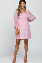 Pink Textured Dot Smocked Square Neck Chiffon Maternity Dress