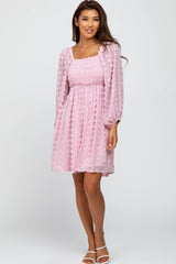 Pink Textured Dot Smocked Square Neck Chiffon Maternity Dress