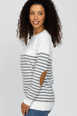 Heather Grey Striped Elbow Patch Knit Sweater