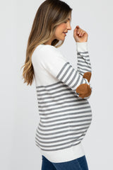 Heather Grey Striped Elbow Patch Knit Maternity Sweater