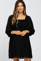 Black Textured Dot Smocked Square Neck Chiffon Maternity Dress