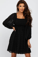 Black Textured Dot Smocked Square Neck Chiffon Maternity Dress