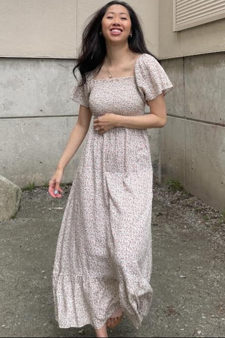 Ivory Floral Smocked Maxi Dress