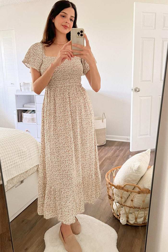 Ivory Floral Smocked Maxi Dress