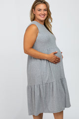 Heather Grey Ribbed Sleeveless Plus Maternity Midi Dress