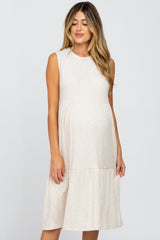 Beige Ribbed Sleeveless Maternity Midi Dress