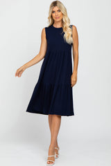 Navy Ribbed Sleeveless Maternity Midi Dress