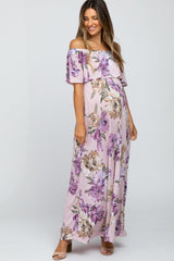 Lavender Floral Flounce Off Shoulder Maternity Maxi Dress