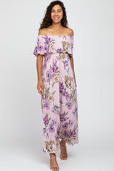 Lavender Floral Flounce Off Shoulder Maternity Maxi Dress