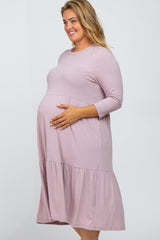 Lavender Tiered Ribbed 3/4 Sleeve Plus Maternity Midi Dress