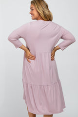 Lavender Tiered Ribbed 3/4 Sleeve Plus Maternity Midi Dress