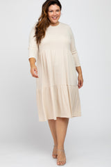 Beige Tiered Ribbed 3/4 Sleeve Plus Maternity Midi Dress