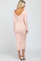 Pink V-Neck Long Sleeve Fitted Maxi Dress