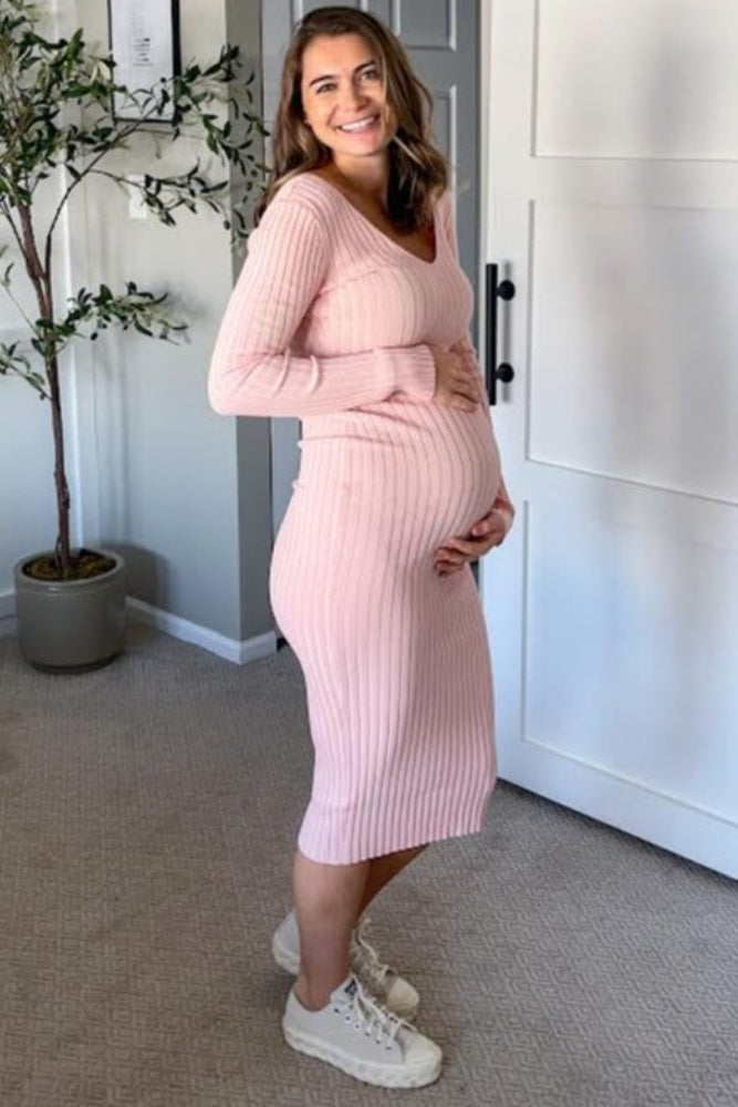 Pink V-Neck Long Sleeve Fitted Maternity Maxi Dress