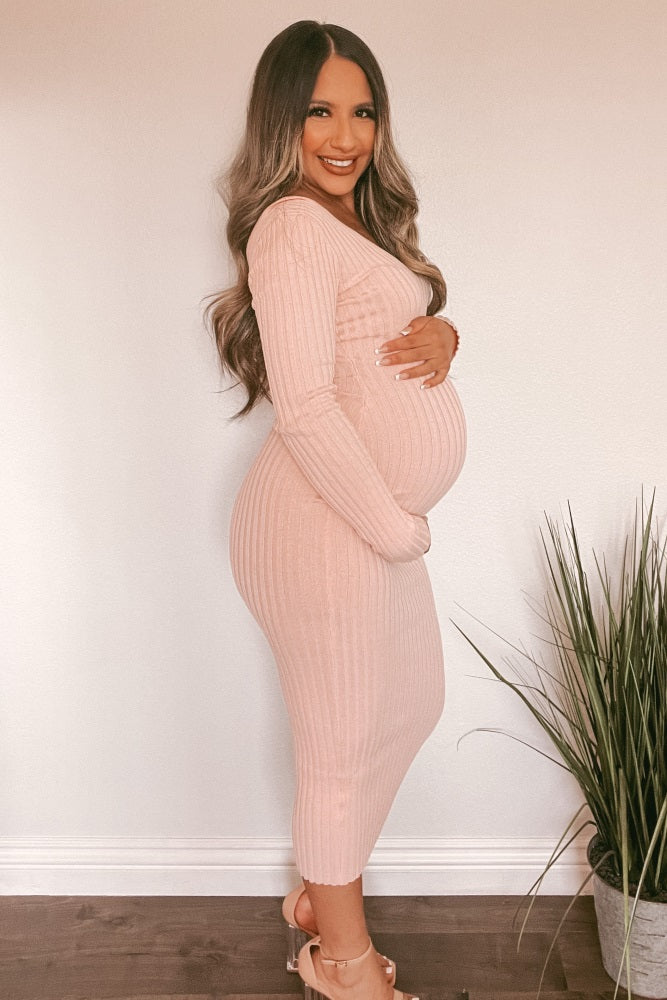 Pink V-Neck Long Sleeve Fitted Maternity Maxi Dress